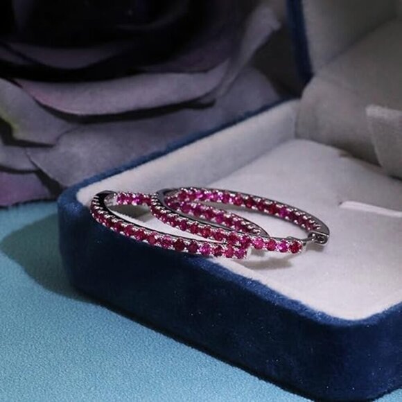 Certified 18K White Gold Ruby Hoop Earrings 2CT Moissanite Lab Diamonds S925 - Picture 1 of 4